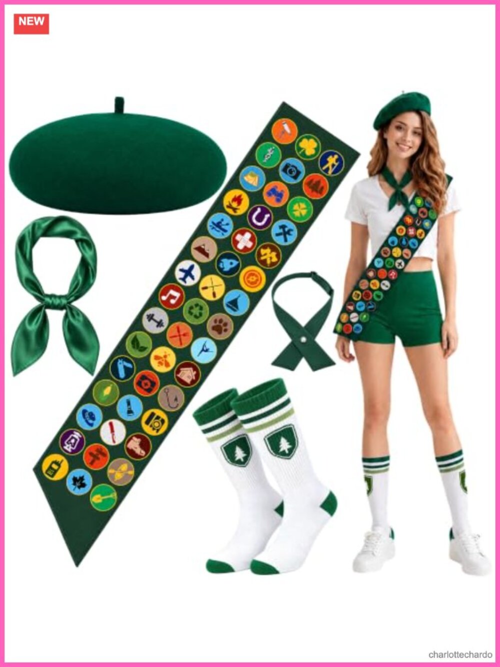 5 Pc Scout Costume Set Wool Beret Satin Neckerchief Socks Sash